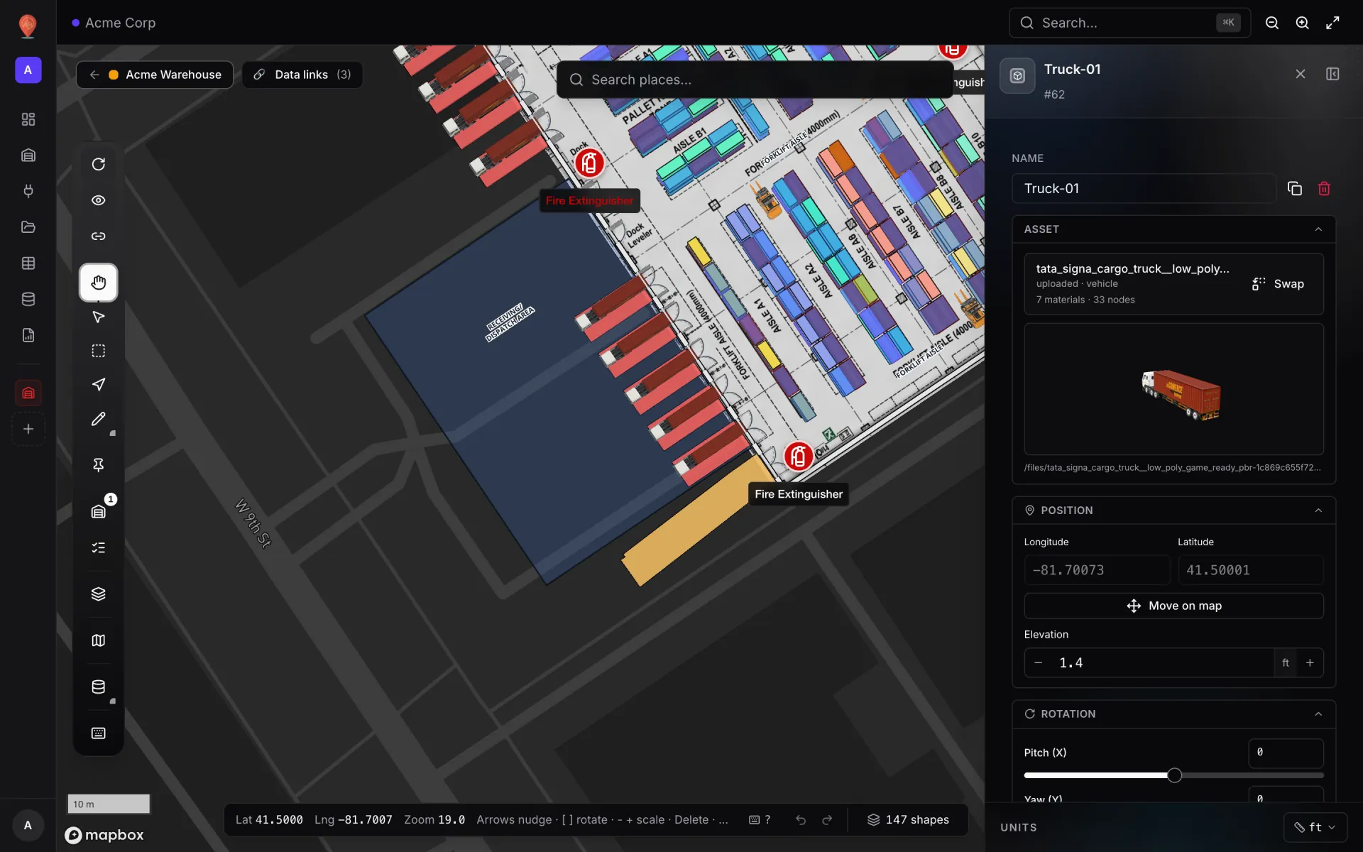 Editor side panel for the Truck-01 3D model in Acme Warehouse with its uploaded vehicle model, position and rotation controls