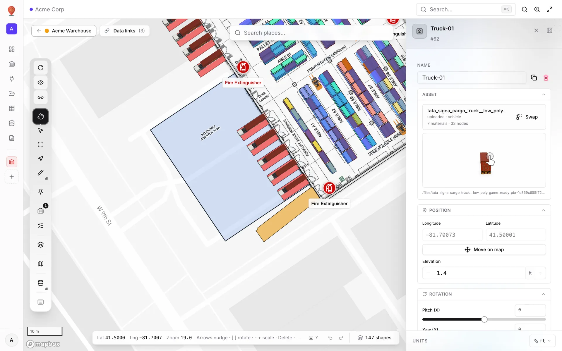 Editor side panel for the Truck-01 3D model in Acme Warehouse with its uploaded vehicle model, position and rotation controls