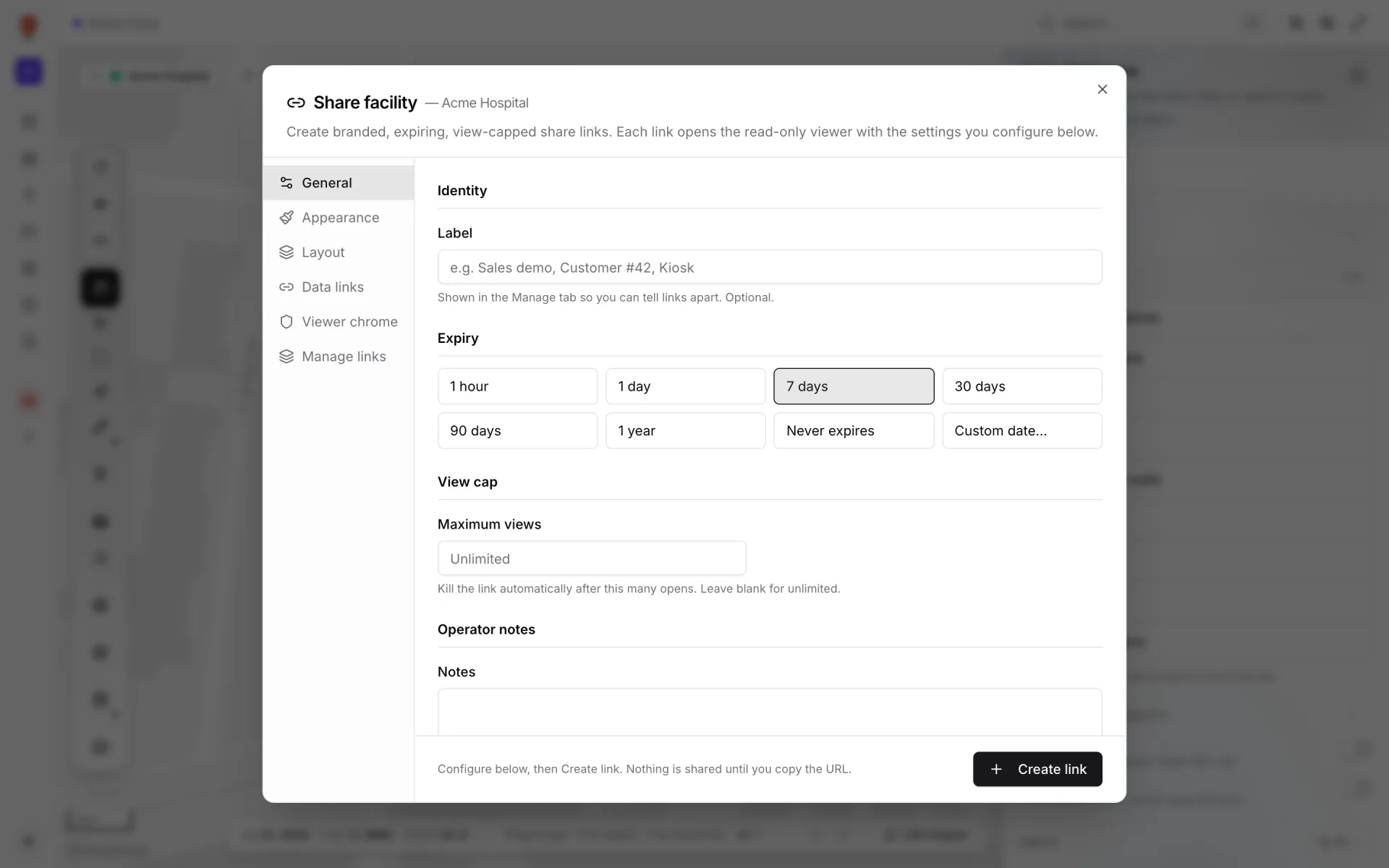 نافذة Share facility مع التبويبات General وAppearance وLayout وData links وViewer chrome وManage links؛ يعرض تبويب General حقل التسمية وخيارات الانتهاء من 1 hour إلى Never expires وحقل Maximum views