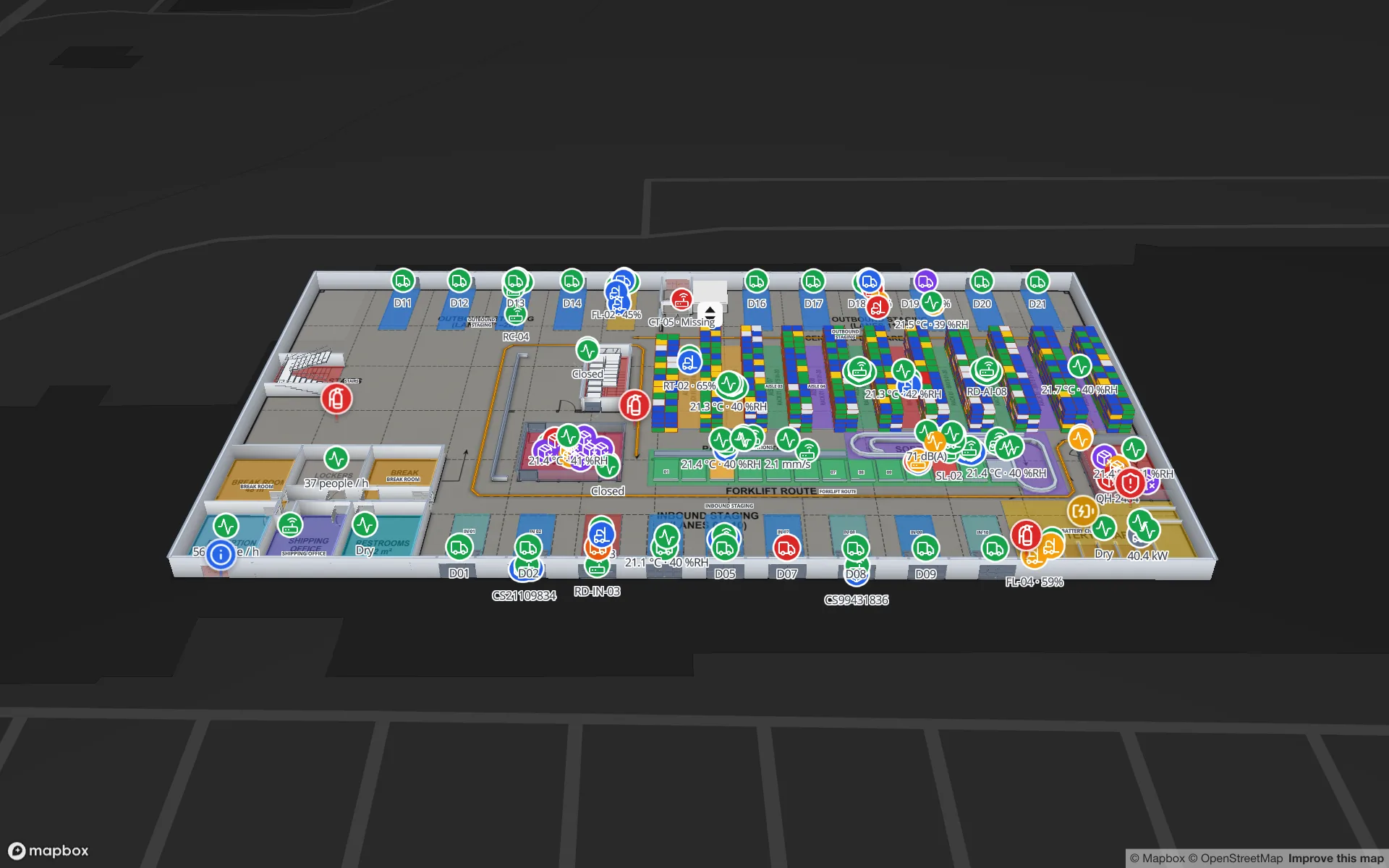 Crestline Fulfillment Center as a 3D indoor map in Spatial Map, with racks, docks and live device markers