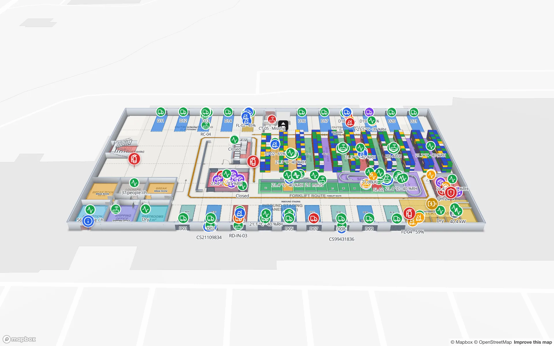 Crestline Fulfillment Center as a 3D indoor map in Spatial Map, with racks, docks and live device markers