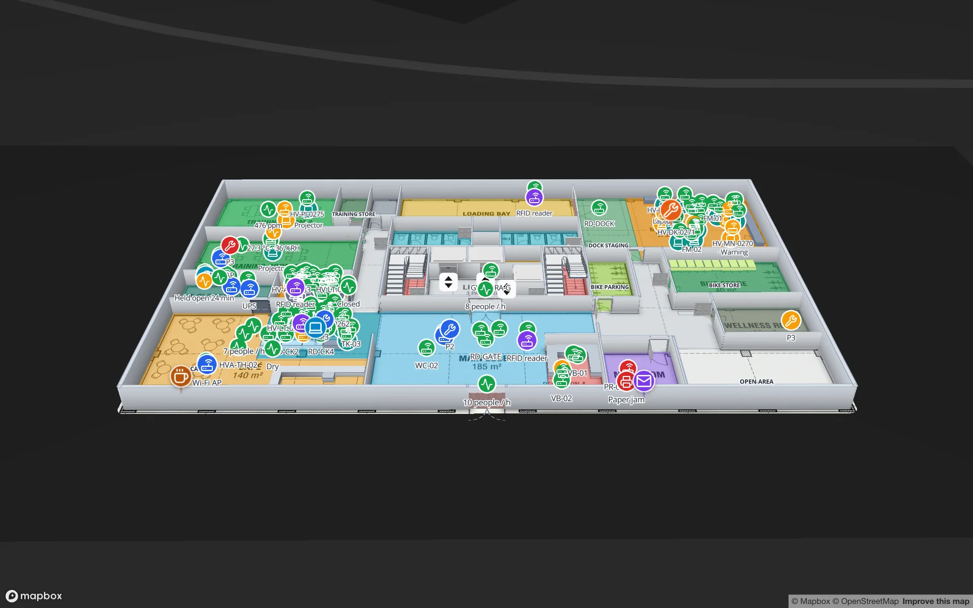 Harborview Corporate Campus Building A in Preview, ground floor in 3D: rooms coloured by use, with live markers for tagged equipment such as projectors, laptops and monitors, RFID readers, room sensor readings and printers