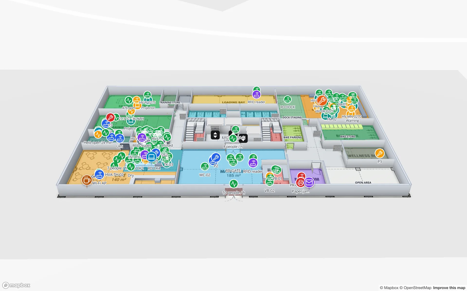 Harborview Corporate Campus Building A in Preview, ground floor in 3D: rooms coloured by use, with live markers for tagged equipment such as projectors, laptops and monitors, RFID readers, room sensor readings and printers