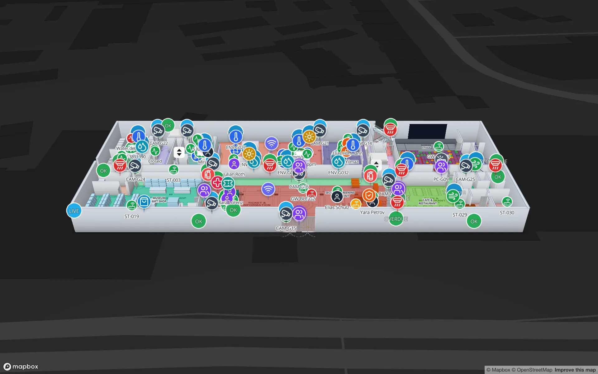 The Production Museum demo in Spatial Map: three gallery floors stacked in 3D with exhibits, stairs and lifts