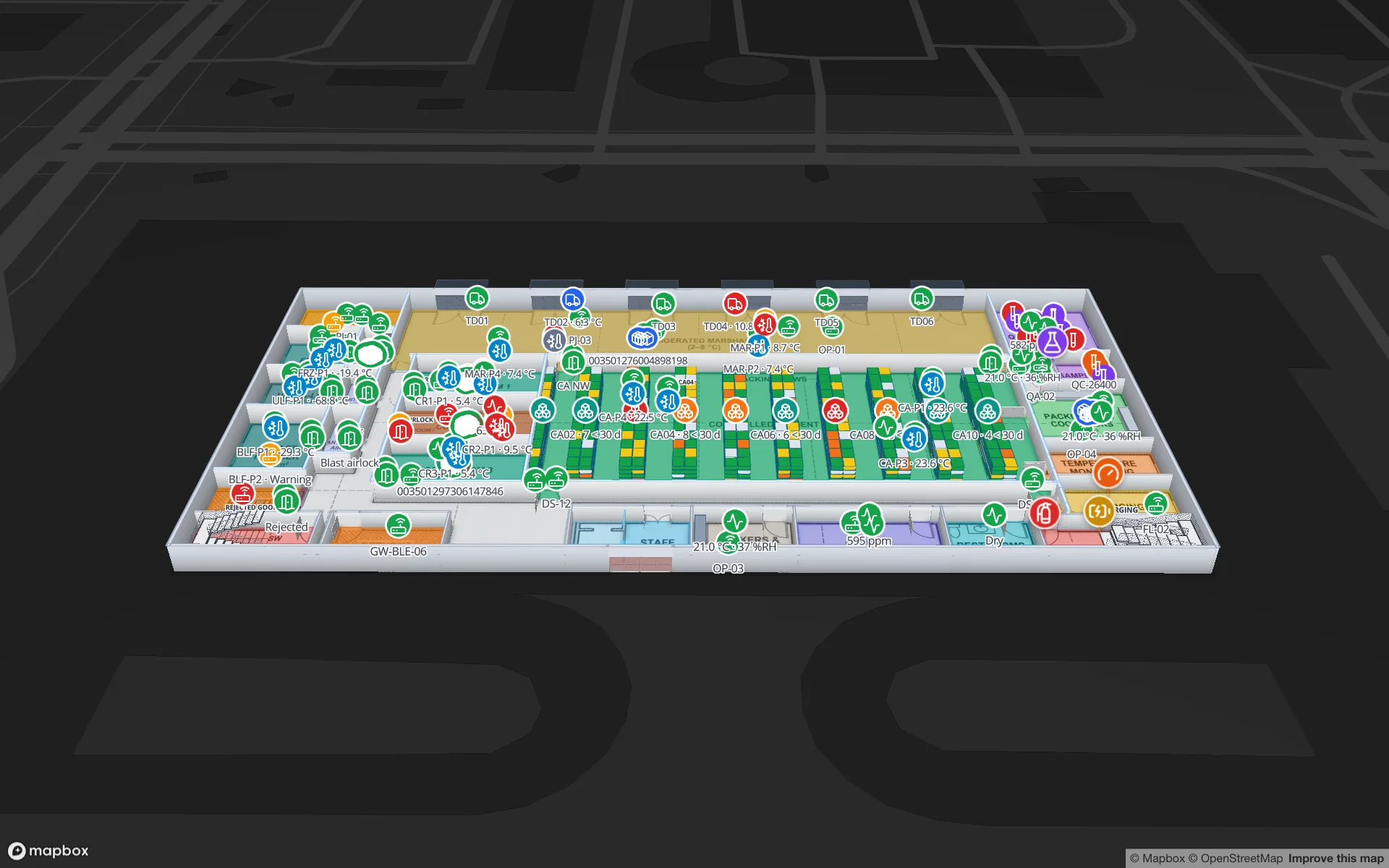 Polar Pharma Cold Storage & QC Facility in der 3D-Vorschau von Spatial Map: Kühlräume und Tiefkühler mit Sondenwerten, blaue Regale im kontrollierten Raumtemperaturbereich, Kühlrampen, Quarantäne und das QC-Labor mit Live-Markern für Sonden, Türen, Paletten und Proben