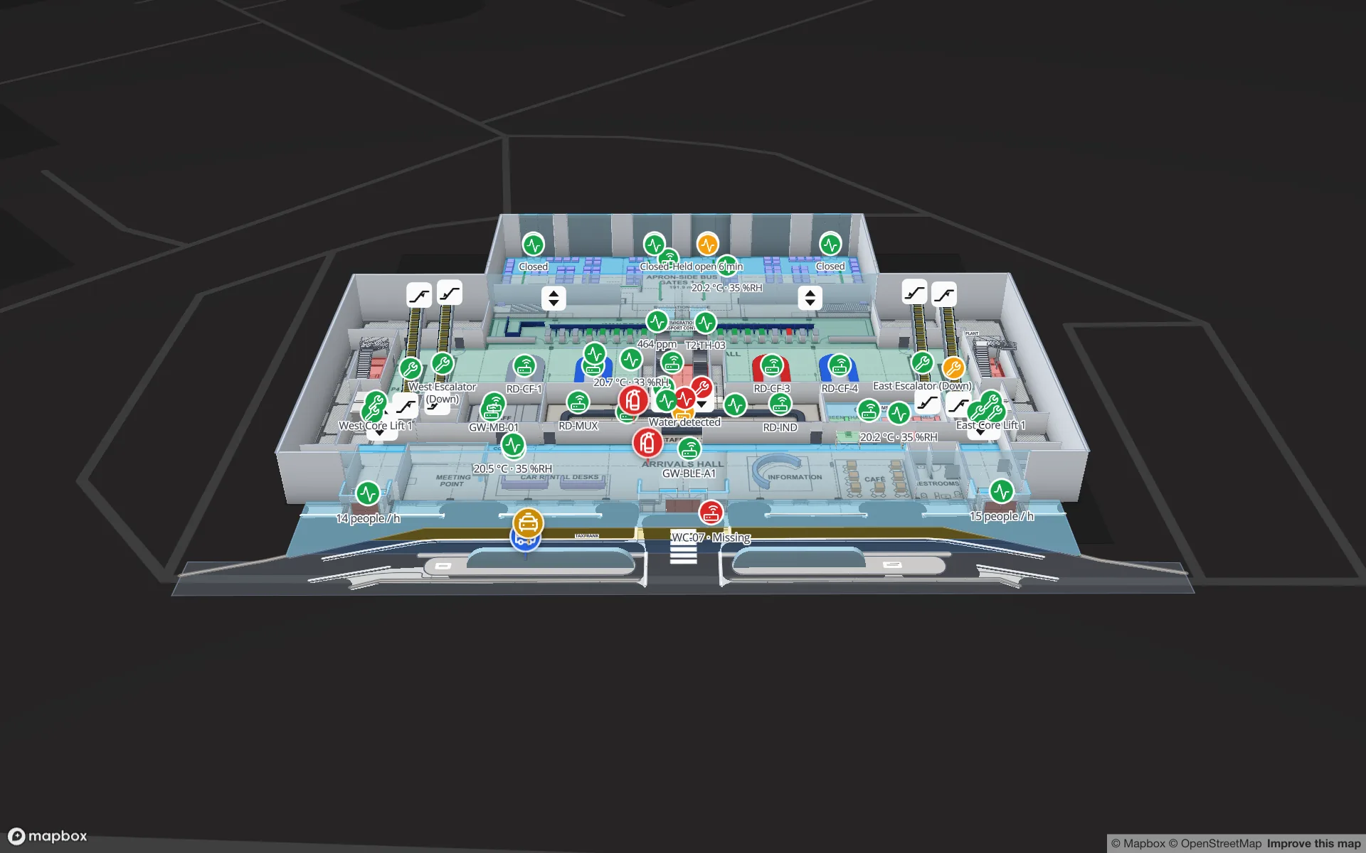 Silverbay International Airport Terminal 2 in der 3D-Vorschau auf der Ankunftsebene: Gepäckbänder mit den Lesermarkern RD-CF-1 bis RD-CF-4, Ost- und West-Rolltreppen und Kernaufzüge, Personenzähler pro Stunde, Temperatur- und Luftqualitätswerte sowie Gateway-Marker