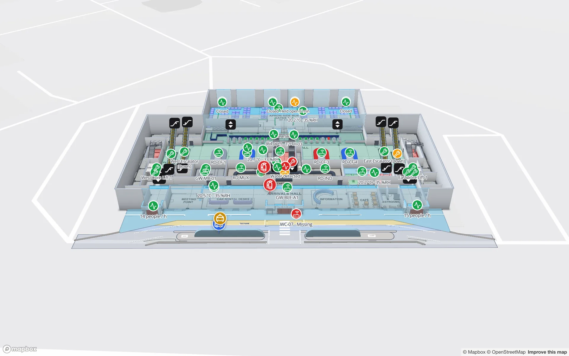 Silverbay International Airport Terminal 2 in der 3D-Vorschau auf der Ankunftsebene: Gepäckbänder mit den Lesermarkern RD-CF-1 bis RD-CF-4, Ost- und West-Rolltreppen und Kernaufzüge, Personenzähler pro Stunde, Temperatur- und Luftqualitätswerte sowie Gateway-Marker