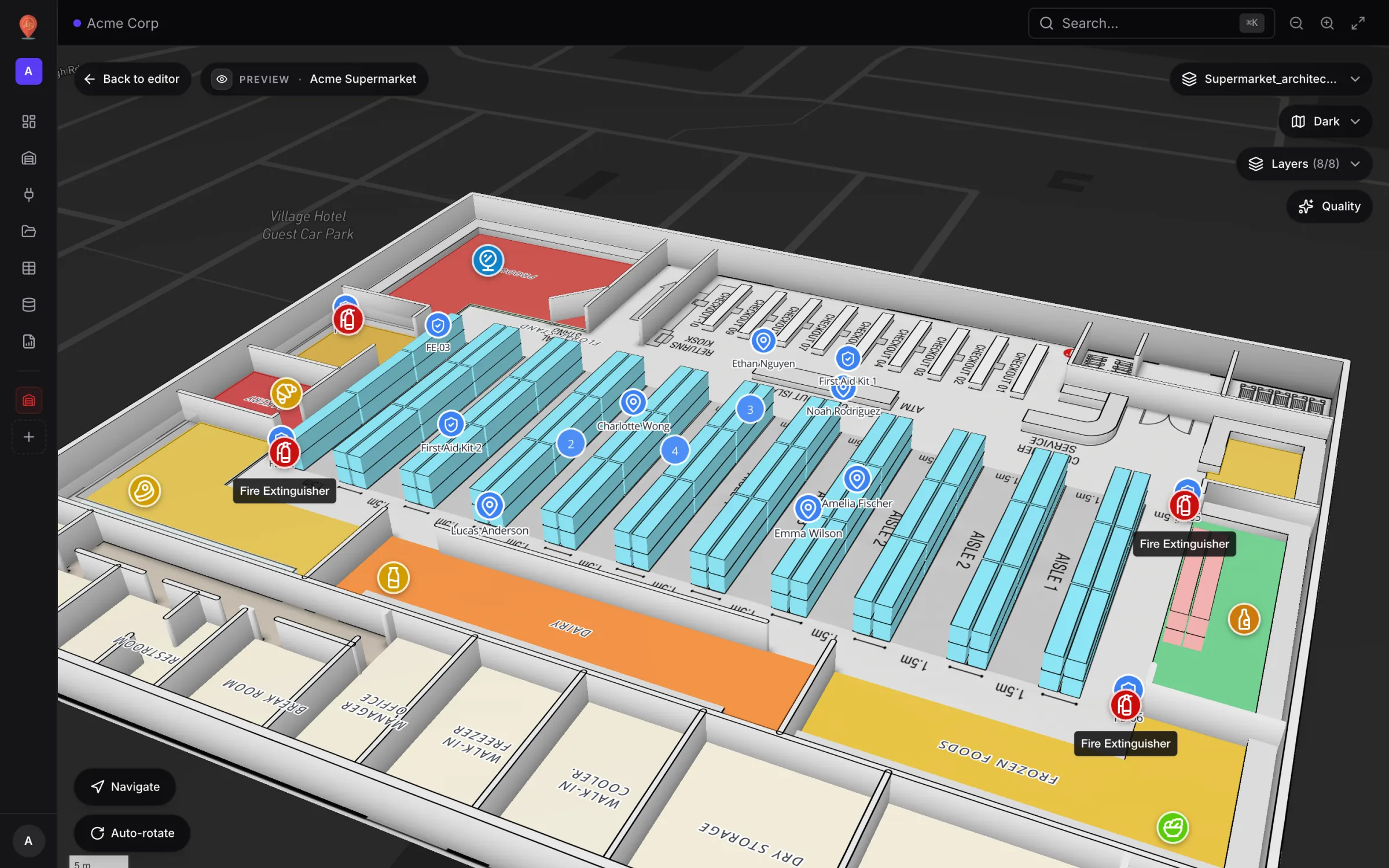 Geneigte 3D-Ansicht eines Demo-Supermarkts mit Regalgängen, farbig getönten Abteilungen, Live-Markern für Mitarbeitende und Sicherheitsausrüstung im Browser-Viewer
