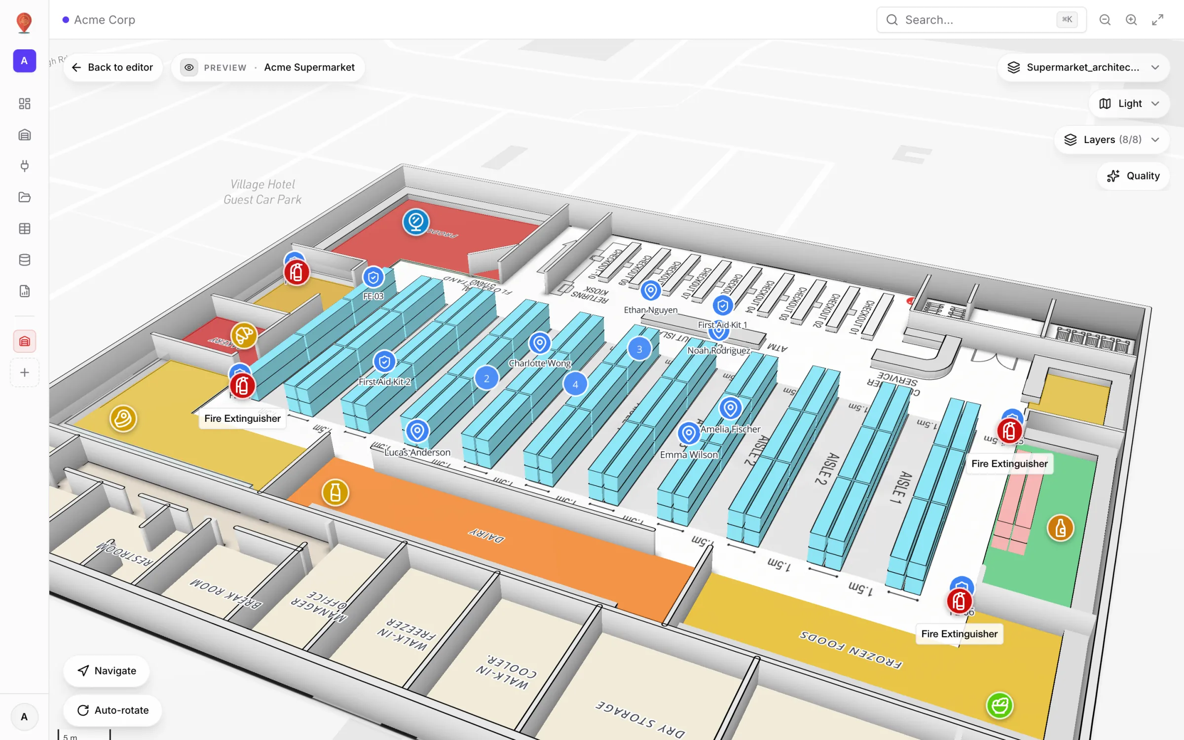 Geneigte 3D-Ansicht eines Demo-Supermarkts mit Regalgängen, farbig getönten Abteilungen, Live-Markern für Mitarbeitende und Sicherheitsausrüstung im Browser-Viewer