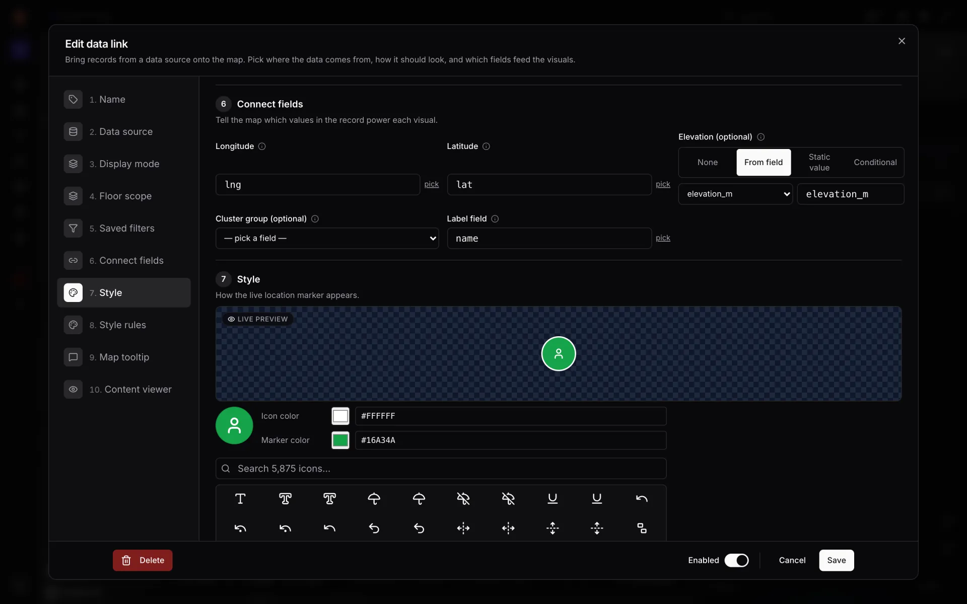 Edit data link dialog at step 6, Connect fields: Longitude lng, Latitude lat, Elevation from field elevation_m, Label field name, and below it the Style step with a live preview of a green person marker