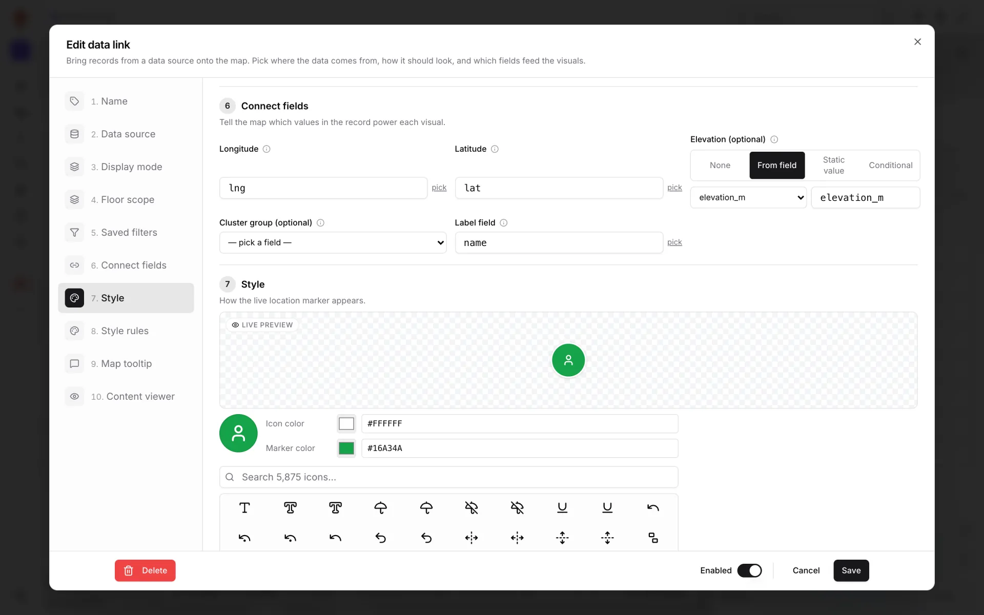 Edit data link dialog at step 6, Connect fields: Longitude lng, Latitude lat, Elevation from field elevation_m, Label field name, and below it the Style step with a live preview of a green person marker