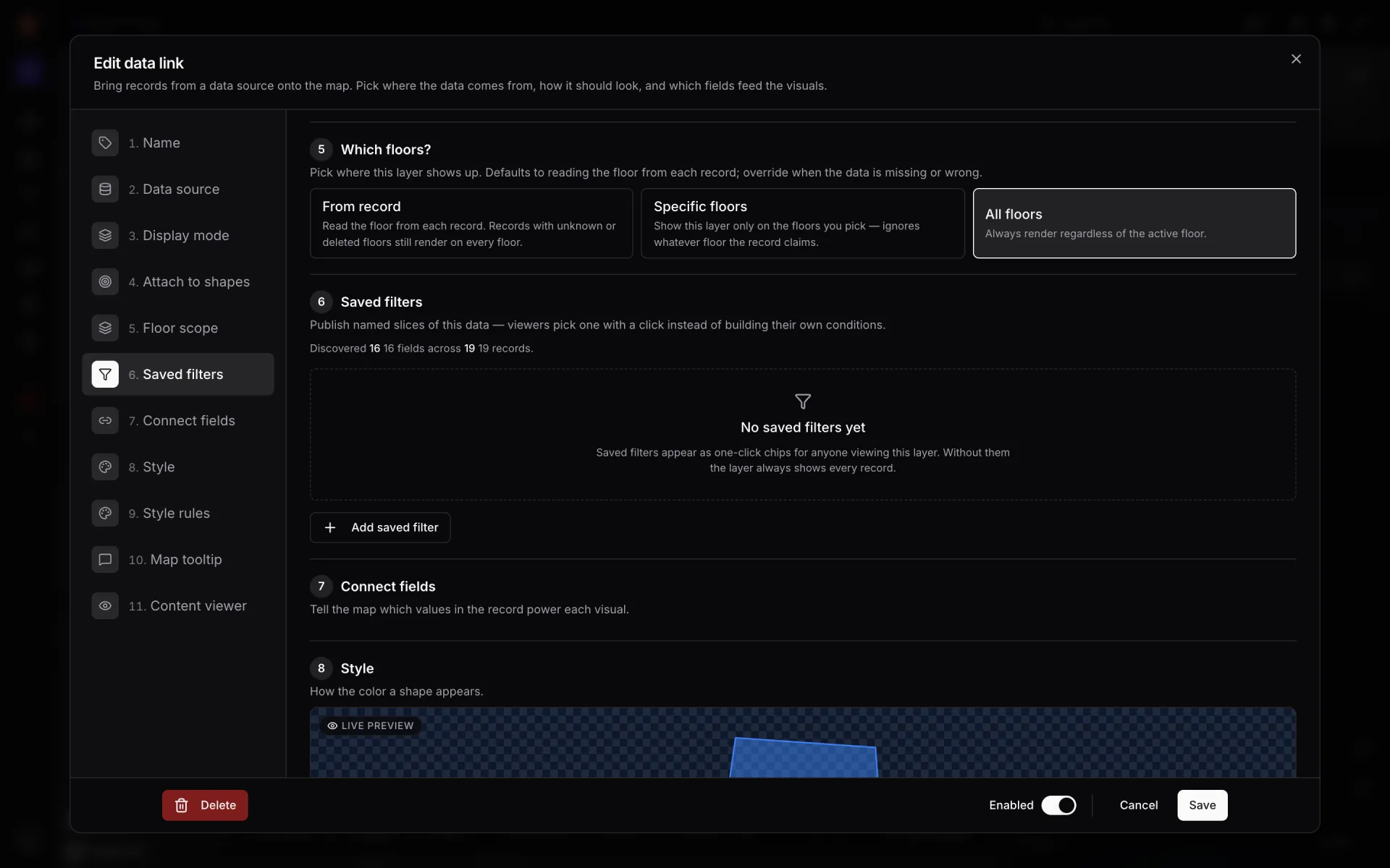 Edit data link dialog at section 5, "Which floors?", with three choices (From record, Specific floors, All floors) and the Enabled switch next to Cancel and Save at the bottom
