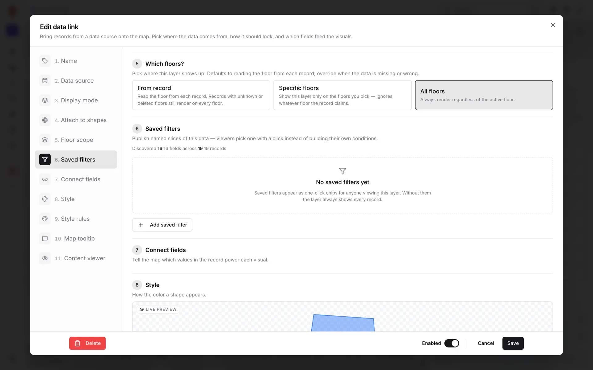 Edit data link dialog at section 5, "Which floors?", with three choices (From record, Specific floors, All floors) and the Enabled switch next to Cancel and Save at the bottom