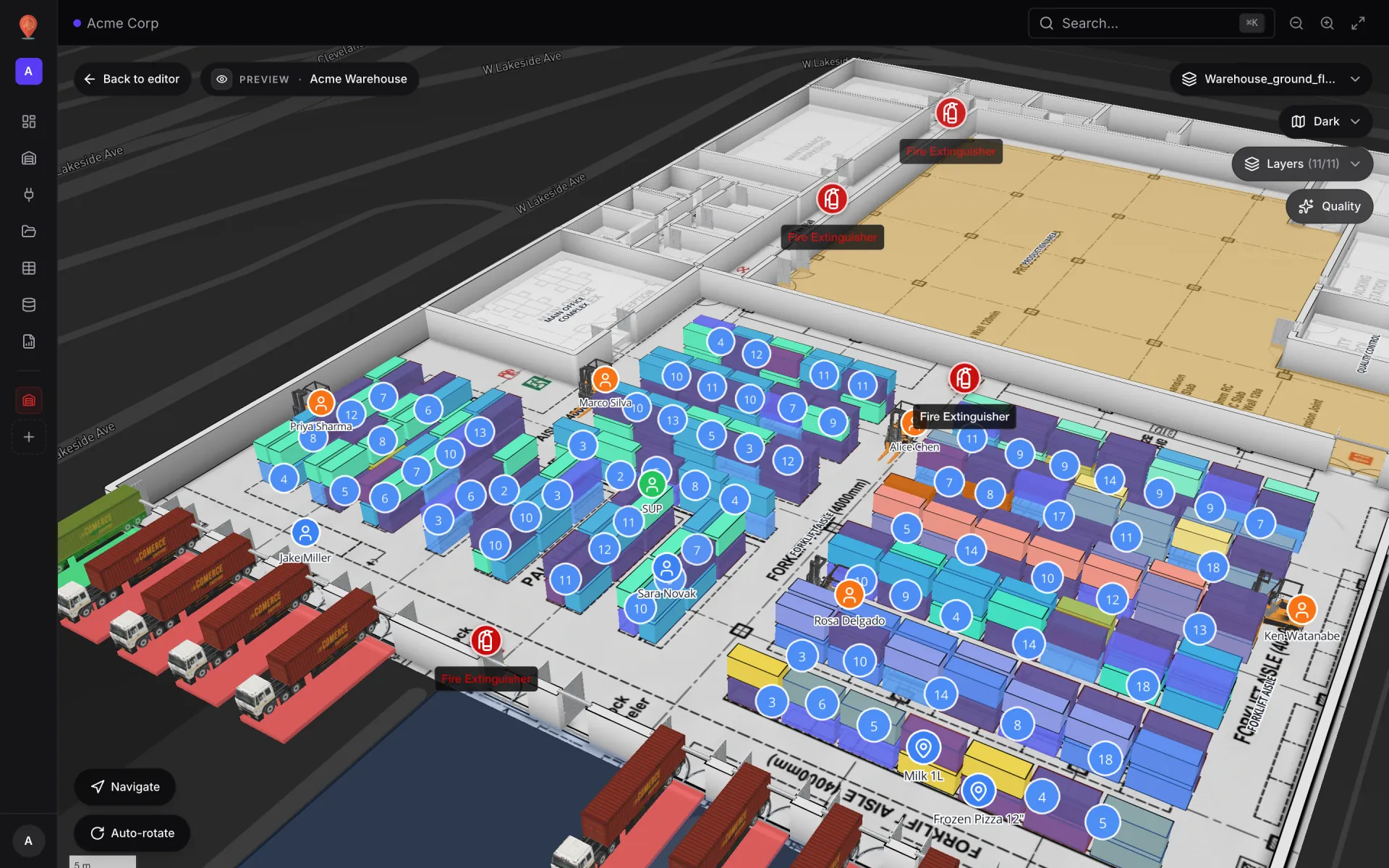 Acme Warehouse in 3D Preview: rows of rack bins tinted in different colours by status, forklifts in the aisles, trucks at the dock doors and fire-extinguisher markers