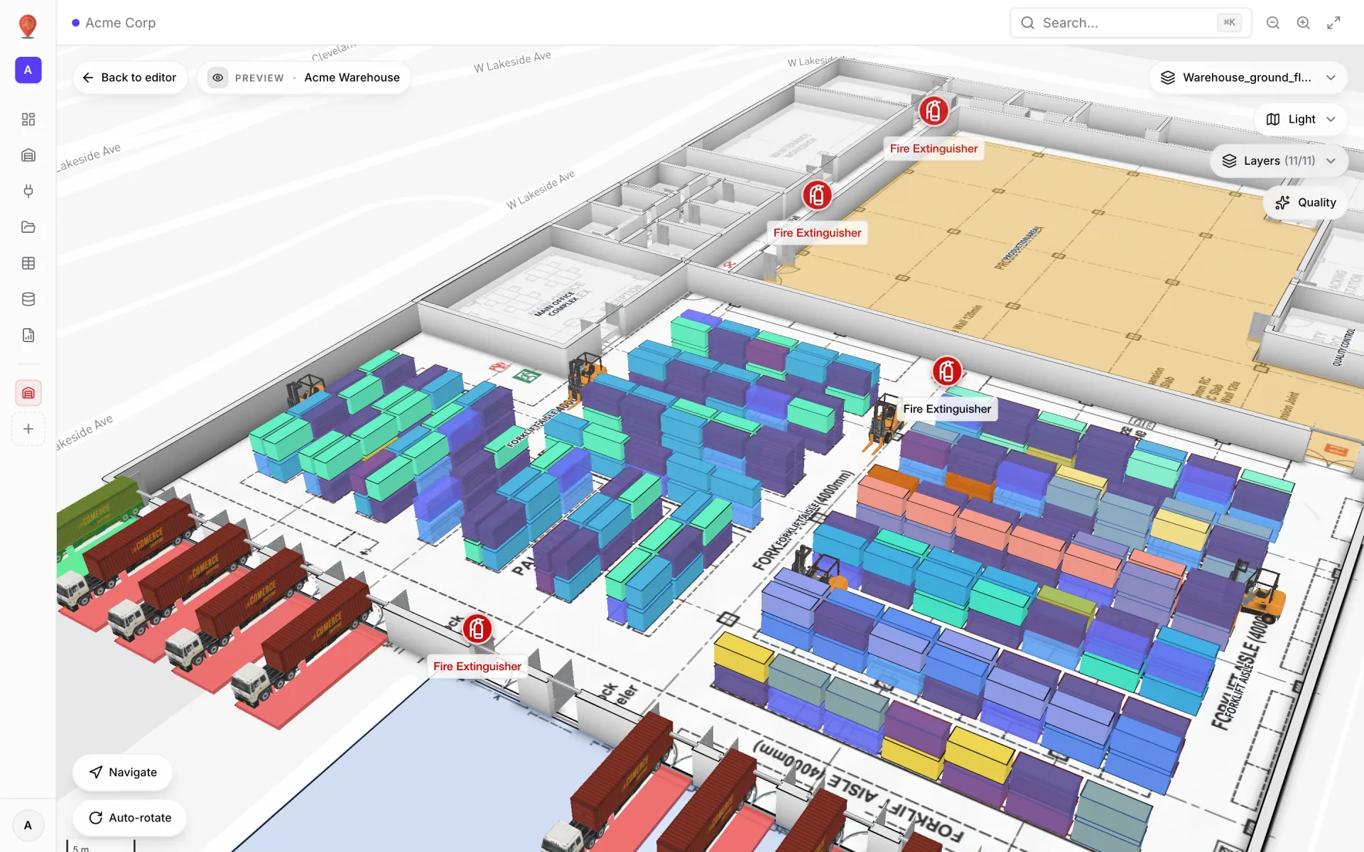 Acme Warehouse in 3D Preview: rows of rack bins tinted in different colours by status, forklifts in the aisles, trucks at the dock doors and fire-extinguisher markers