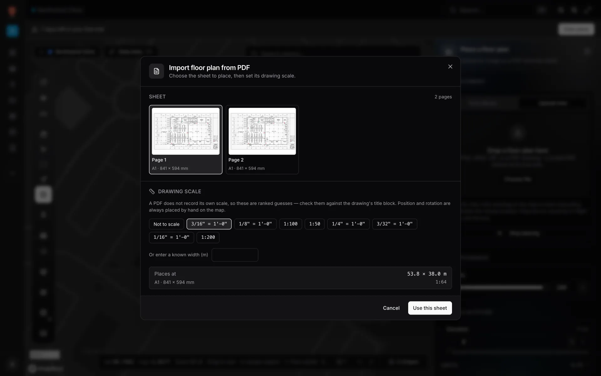 The Import floor plan from PDF dialog with a grid of page thumbnails each labelled Page 1, Page 2 and its sheet size, the Drawing scale chips with Not to scale and 1:100 selected, the Or enter a known width (m) box, the Places at readout in metres, and Cancel and Use this sheet buttons