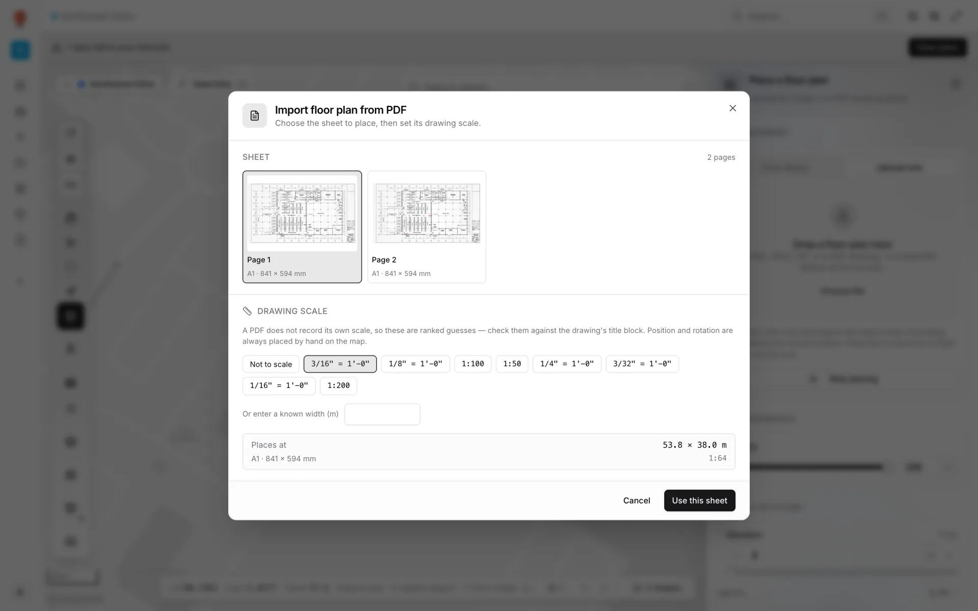 The Import floor plan from PDF dialog with a grid of page thumbnails each labelled Page 1, Page 2 and its sheet size, the Drawing scale chips with Not to scale and 1:100 selected, the Or enter a known width (m) box, the Places at readout in metres, and Cancel and Use this sheet buttons