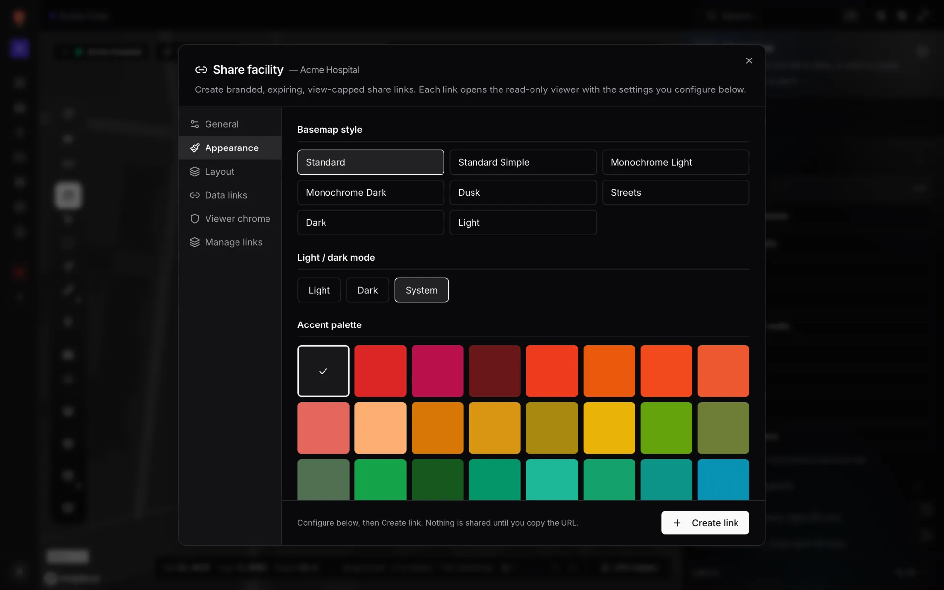 The Appearance tab of the Share facility dialog: Basemap style buttons Standard, Standard Simple, Monochrome Light, Monochrome Dark, Dusk, Streets, Dark and Light, Light / Dark / System mode buttons, a grid of accent palette swatches with one ticked, and a Watermark field