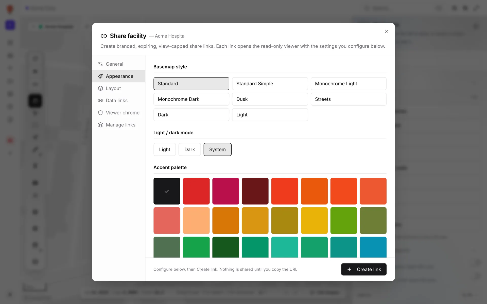 The Appearance tab of the Share facility dialog: Basemap style buttons Standard, Standard Simple, Monochrome Light, Monochrome Dark, Dusk, Streets, Dark and Light, Light / Dark / System mode buttons, a grid of accent palette swatches with one ticked, and a Watermark field