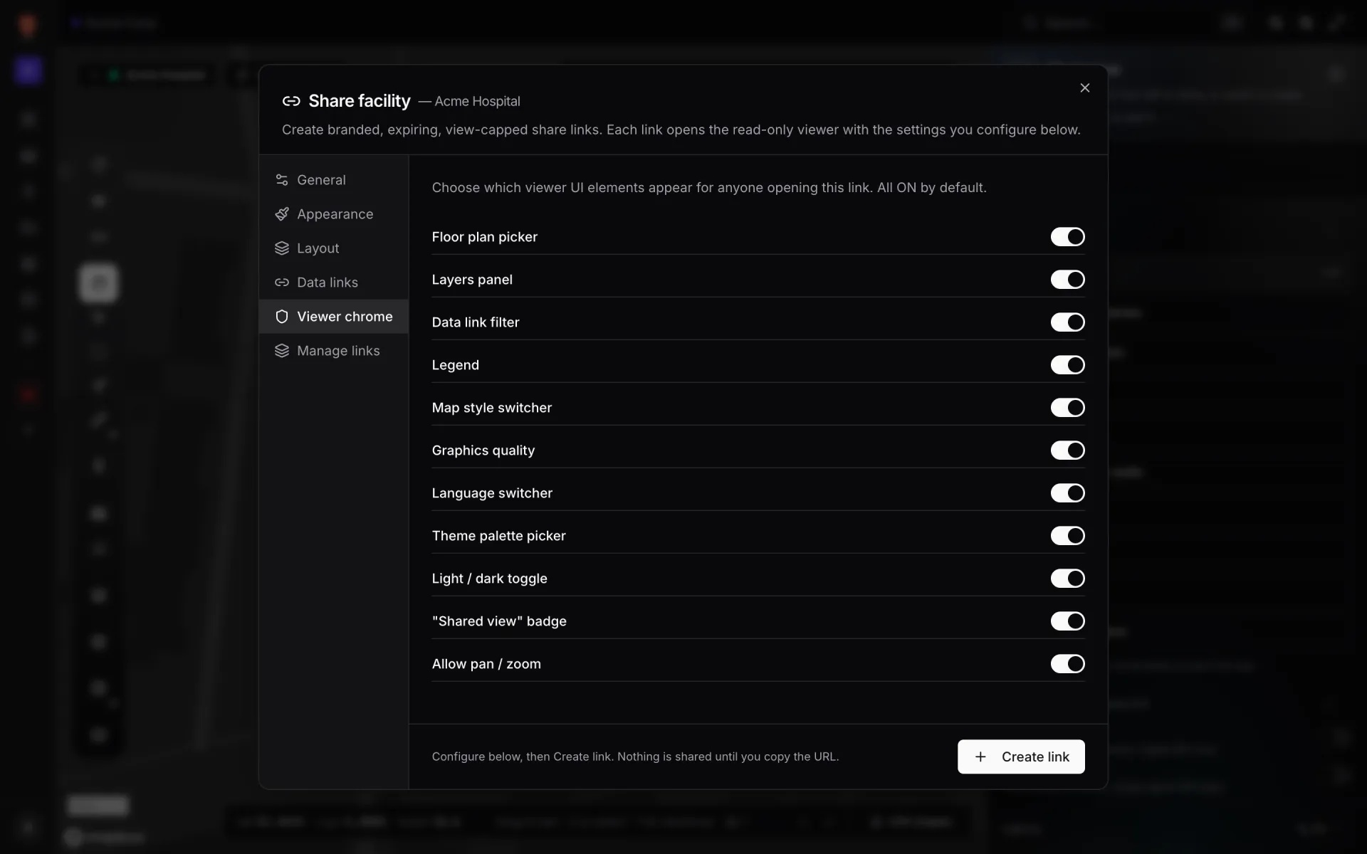 The Viewer chrome tab of the Share facility dialog: a list of switches including Floor plan picker, Layers panel, Data link filter, Map style switcher, Graphics quality, "Shared view" badge and Allow pan / zoom