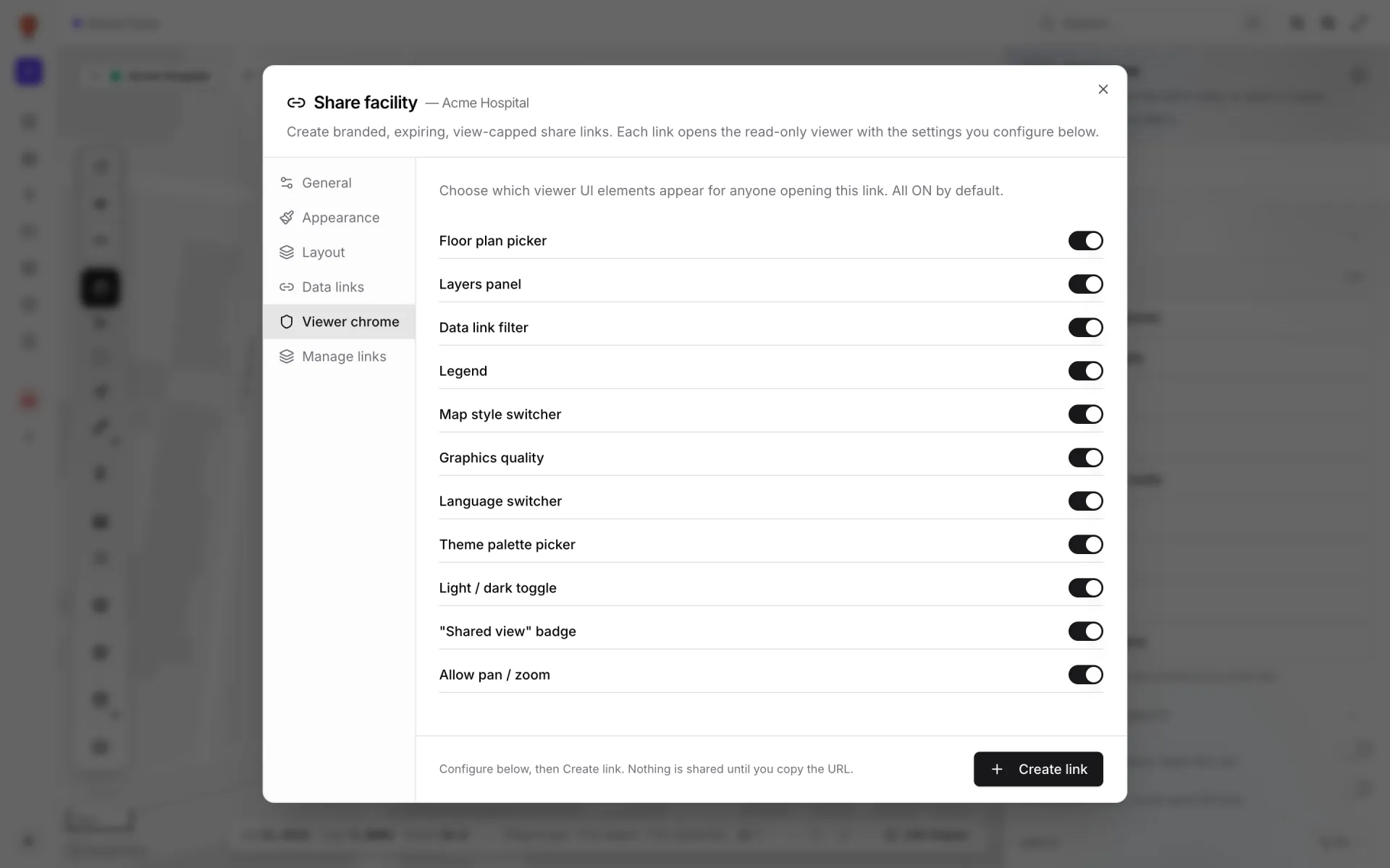 The Viewer chrome tab of the Share facility dialog: a list of switches including Floor plan picker, Layers panel, Data link filter, Map style switcher, Graphics quality, "Shared view" badge and Allow pan / zoom
