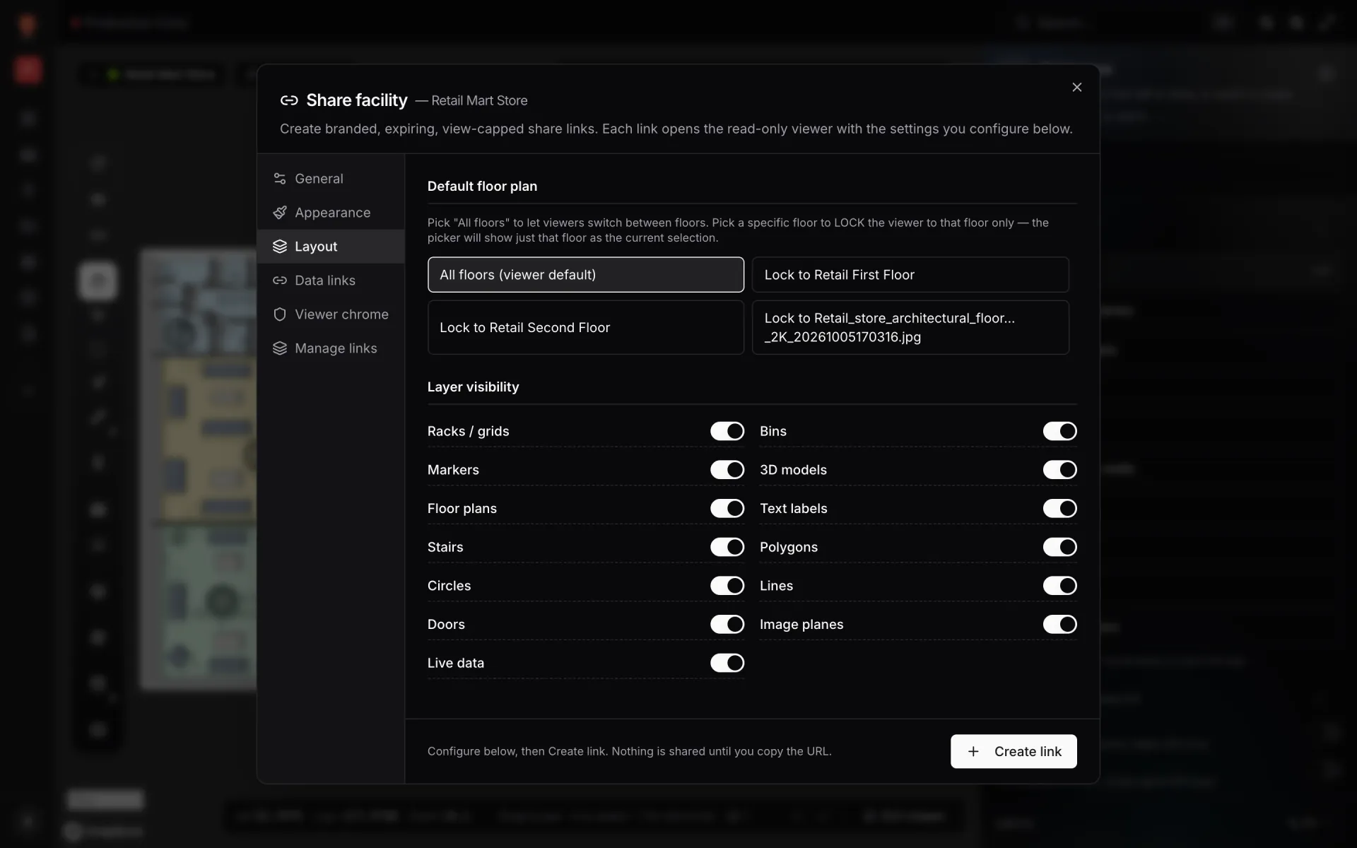 Share facility dialog for Retail Mart Store on the Layout tab with floor lock options and layer visibility switches