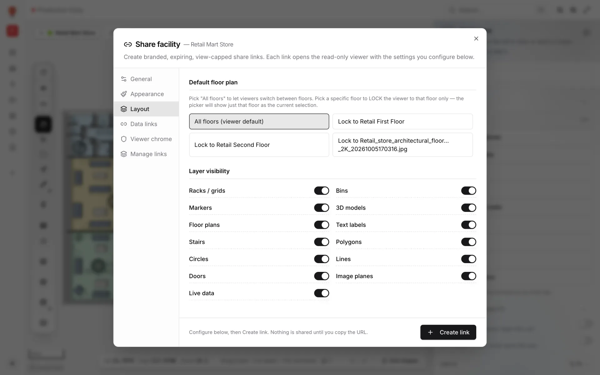 Share facility dialog for Retail Mart Store on the Layout tab with floor lock options and layer visibility switches
