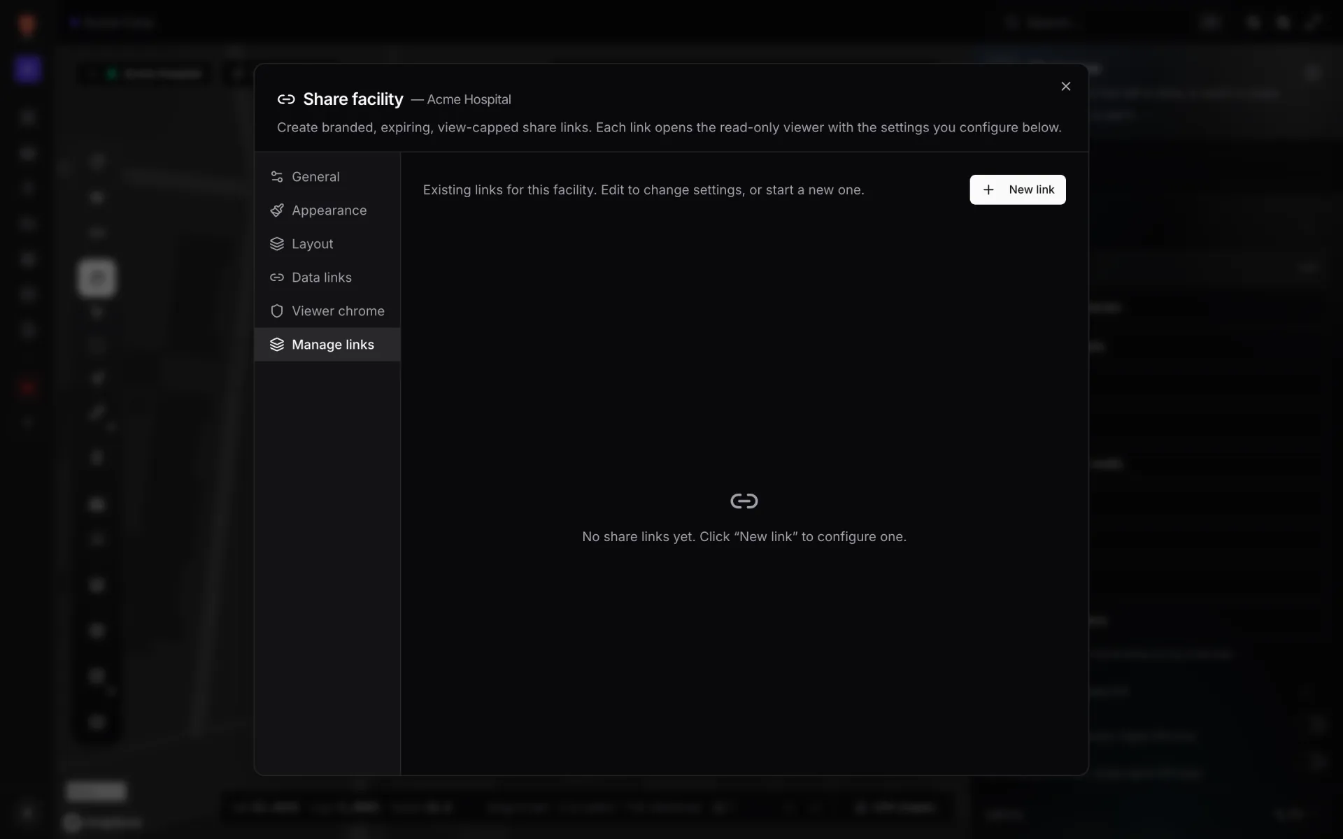 The Manage links tab of the Share facility dialog: a New link button and link cards, each with a label, a status pill such as Active or Revoked, a line like "3 views · Cap 50 · Expires …", Edit and Revoke buttons, and a read-only URL field with Copy URL and Open in new tab buttons