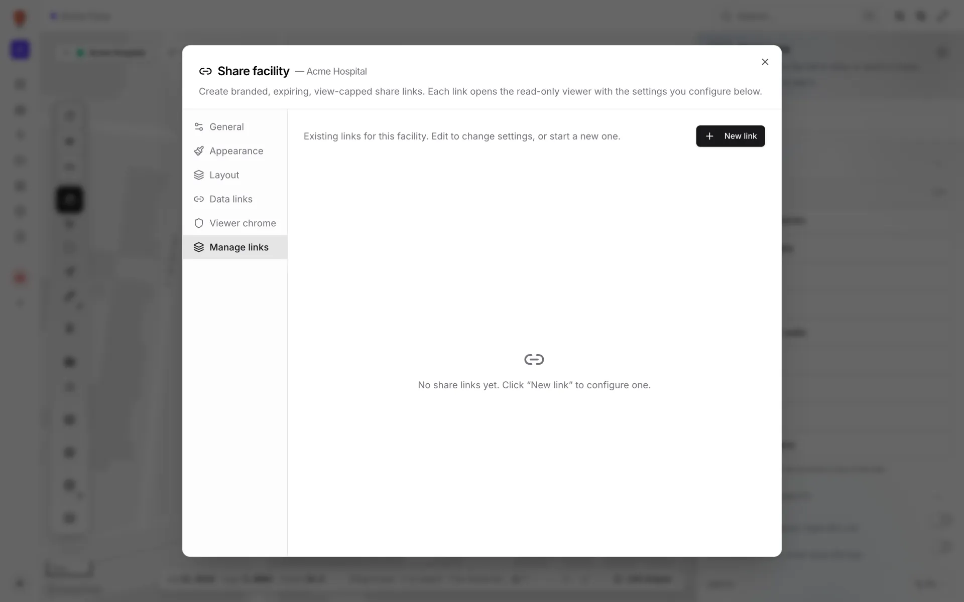 The Manage links tab of the Share facility dialog: a New link button and link cards, each with a label, a status pill such as Active or Revoked, a line like "3 views · Cap 50 · Expires …", Edit and Revoke buttons, and a read-only URL field with Copy URL and Open in new tab buttons