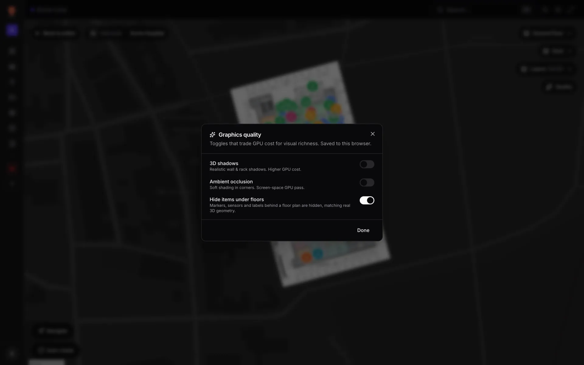 Graphics quality dialog over a blurred 3D map: 3D shadows off, Ambient occlusion off, Hide items under floors on, with a Done button