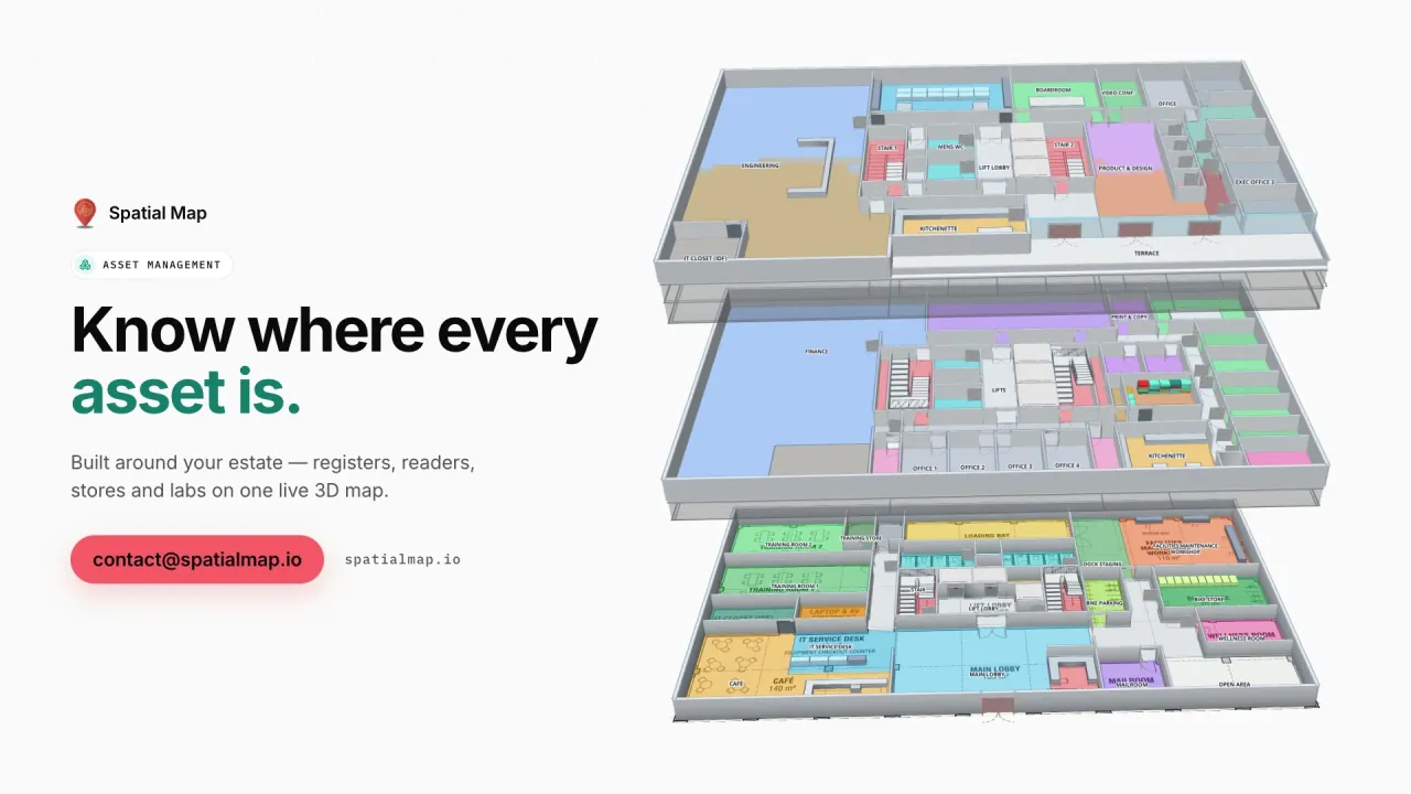 Asset Management film: “Know where every asset is” beside three floors of Harborview Corporate Campus in 3D