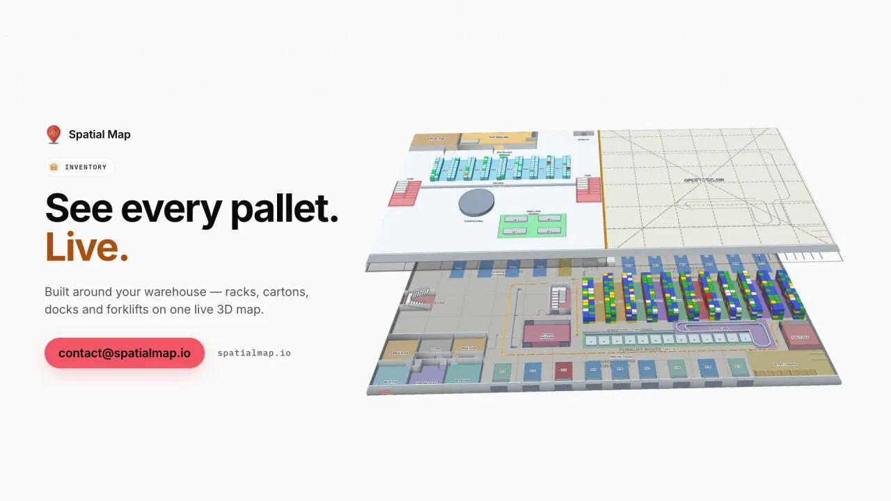 Inventory film: “See every pallet. Live.” beside the two floors of Crestline Fulfillment Center in 3D