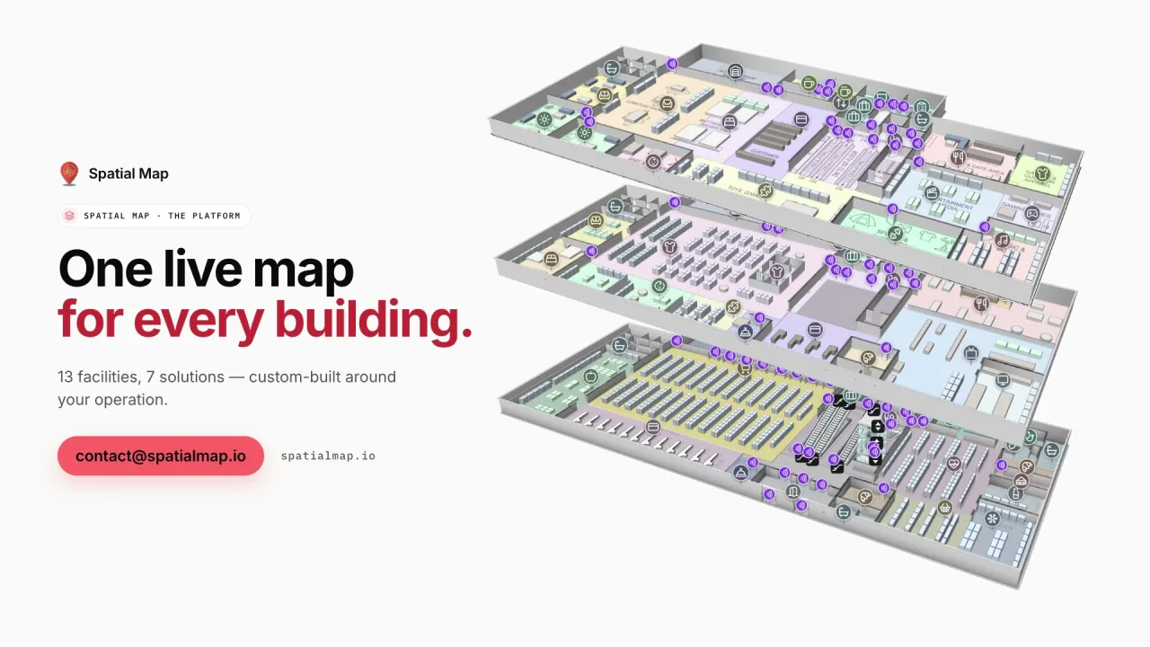 Platform film: “One live map for every building” beside three stacked floors of a demo warehouse in 3D